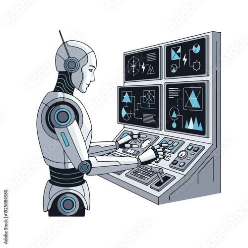 A robot operates a control panel with multiple screens and buttons on a clean white background in a cartoon style with a futuristic mood.