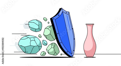 A blue shield protecting a pink vase from falling green gemstones