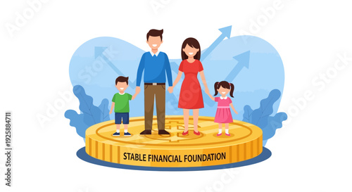 Family standing on a coin with a stable financial foundation graphic illustration