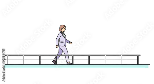 A doctor walks beside a metal railing on a teal floor in a minimalist illustration