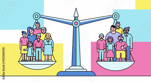 Illustration of people on a balance scale representing equality and fairness in a colorful setting from a straightforward viewpoint