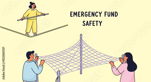 Person balancing on a tightrope while others hold a safety net below, depicting emergency fund safety concept