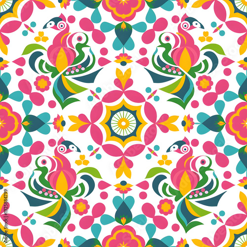 vector seamless repeating rangoli pattern in flat vector style. The design features symmetrical geometric shapes, floral motifs, peacocks, lotus flowers, and traditional oil lamps (divas).