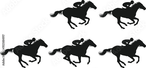 Black Silhouettes of Professional Jockeys Racing Thoroughbred Horses at Full Gallop Isolated on White Background for Equestrian Sport Graphic Design (20 words)