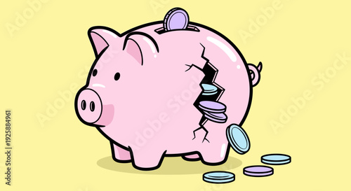 Cracked piggy bank spilling coins on yellow floor viewed from the side