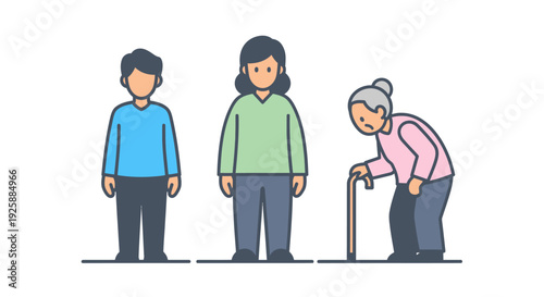 Illustration of three people standing in a line with varying ages and mobility