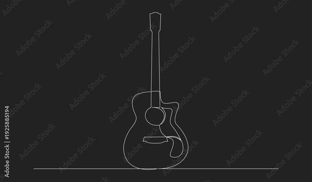 Fototapeta premium Minimalist Continuous Line Art Drawing of an Acoustic Guitar on a Black Background