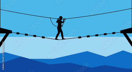 Person crossing suspension bridge over mountains viewed from behind