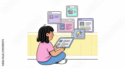 Woman sitting on floor browsing digital media on multiple devices
