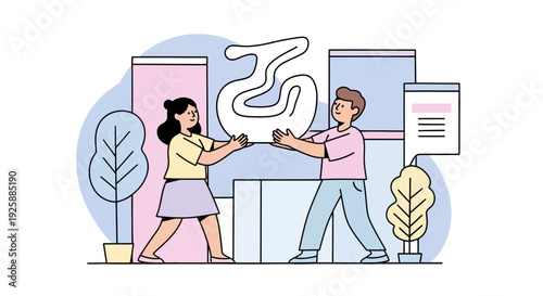 Man and woman shaking hands in a modern office environment scene illustration