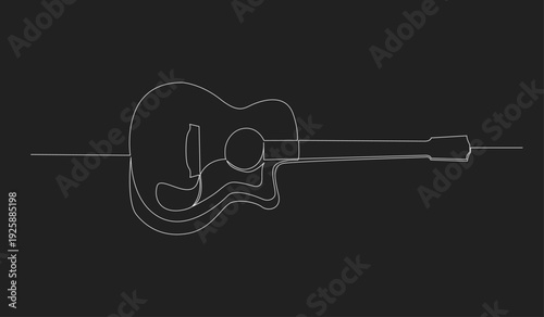 Minimalist Continuous One Line Art Drawing of an Acoustic Guitar on Dark Background