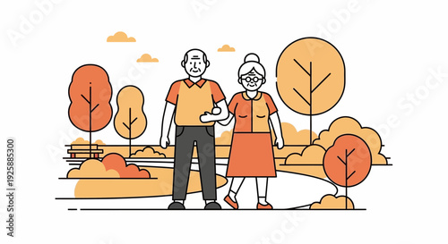 Elderly couple walking together in autumn landscape illustration