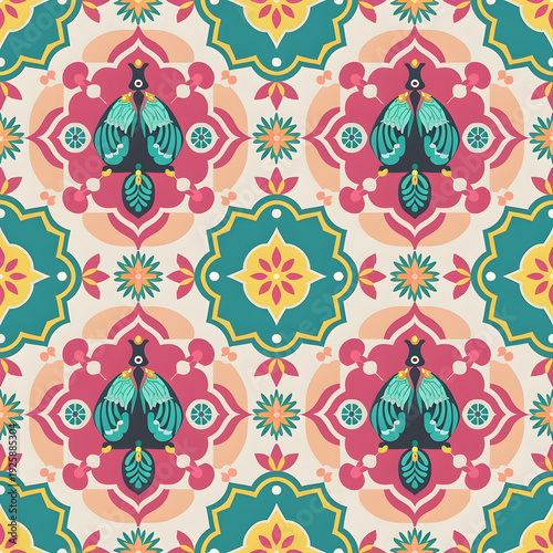 vector seamless repeating rangoli pattern in flat vector style. The design features symmetrical geometric shapes, floral motifs, peacocks, lotus flowers, and traditional oil lamps (divas).