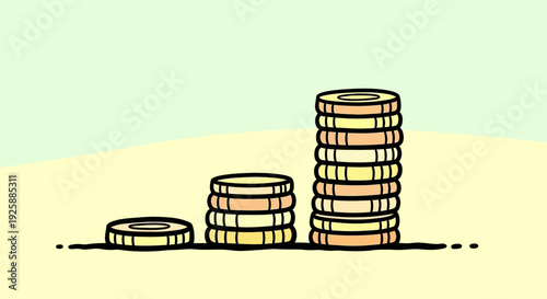 Stacks of coins increasing in height on a plain surface viewed from the side