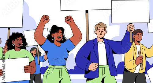 Diverse protesters marching together holding signs and banners in a peaceful demonstration