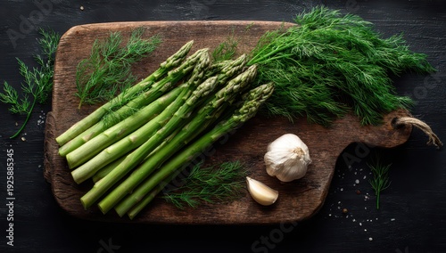 Fresh Green Asparagus, Dill, and Garlic on Rustic Board, Dark Moody Still Life.