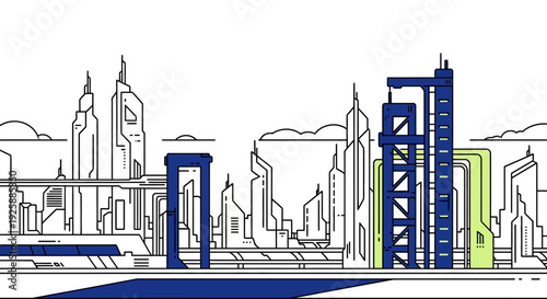 Industrial cityscape illustration with factories and cranes viewed from a distance
