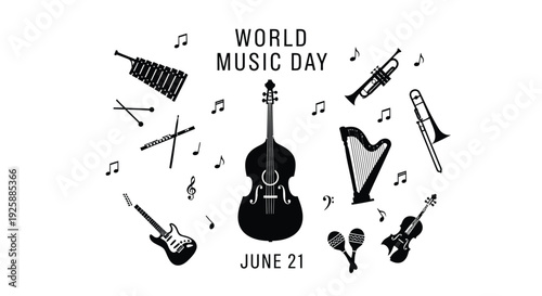 World Music Day icon set, June 21, musical instruments. Created in black line style with white background.