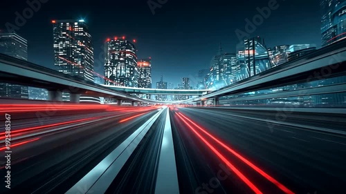 A night city scene featuring blurred light trails across a road with skyscrapers and elevated pathways