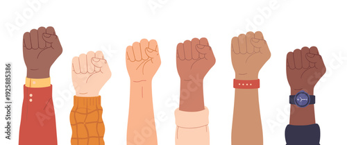 Diverse Hands Raised in Fist Symbolizing Unity and Protest on White Background vector