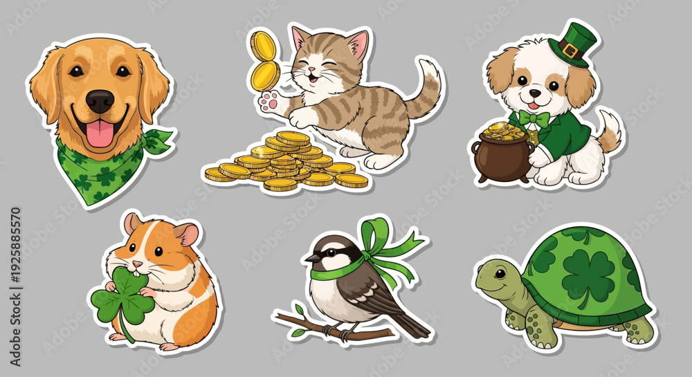 Fototapeta premium St. Patrick's Day stickers featuring happy animals with shamrocks