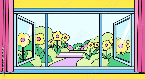 View of garden with sunflowers through open window from inside room