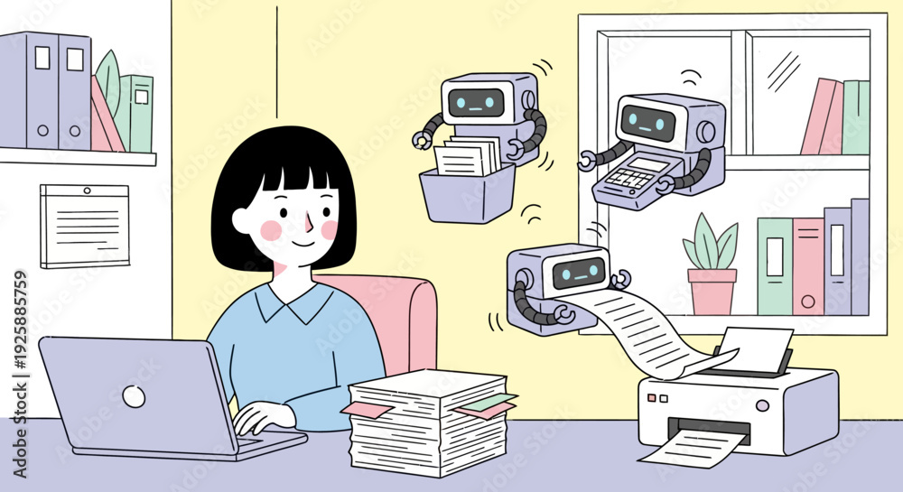Fototapeta premium Woman works efficiently on laptop surrounded by robotic helpers in office environment