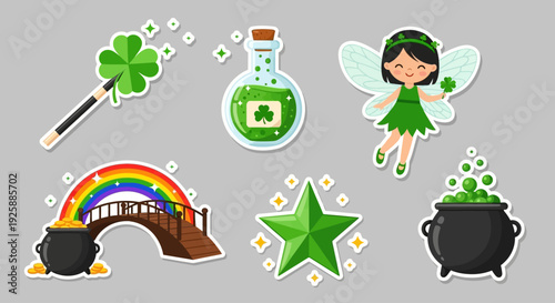 Whimsical St. Patrick's Day stickers with magical fairy and pot of gold