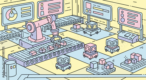 Automated factory production line with robotic arm efficiently assembling products in a futuristic industrial setting from an overhead viewpoint