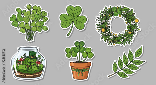 St. Patrick's Day clover stickers with wreath and potted plants