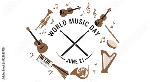 World Music Day icon collection. Includes music instruments, notes. Created in flat style with brown palette.