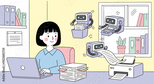 Woman works efficiently on laptop surrounded by robotic helpers in office environment