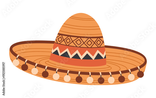Traditional Mexican sombrero with colorful geometric patterns and beaded trim on a white background
