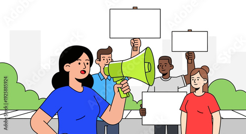 Group of people protesting with signs and megaphone in urban setting