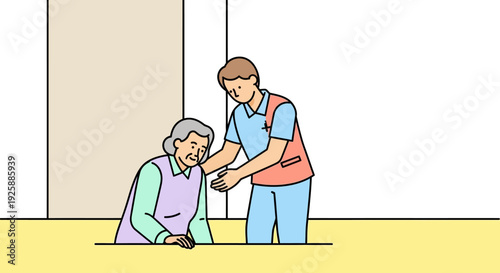 Caregiver assisting elderly person indoors with walking stick in a simple setting