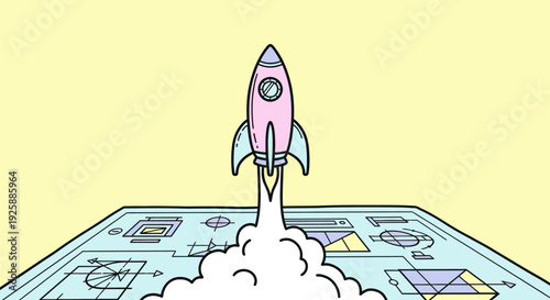 Illustration of a rocket launching from a blueprint on a table viewed from the side