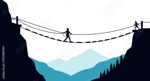 Person crossing suspension bridge between cliffs over mountainous landscape illustration