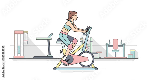 Woman exercising on stationary bike in modern gym environment illustration
