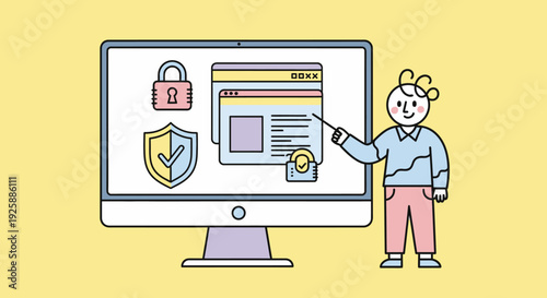 Person interacting with secure computer interface displaying security features