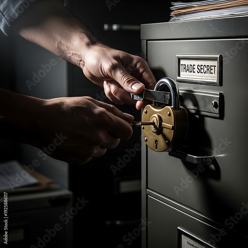 Hands locking a brass padlock on a filing cabinet labeled trade secret d
