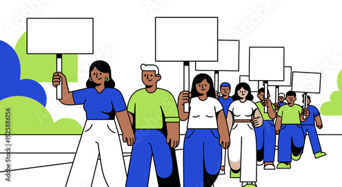 Diverse group of people marching together holding blank signs from a frontal viewpoint