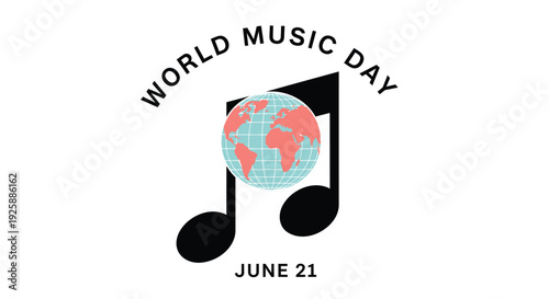 World Music Day icons, June 21, music note and globe symbol