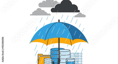 Files and folders protected by umbrella from rain in a digital storage scene