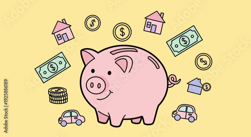 Saving money for big purchases like houses and cars illustrated with a piggy bank surrounded by floating currency and coins