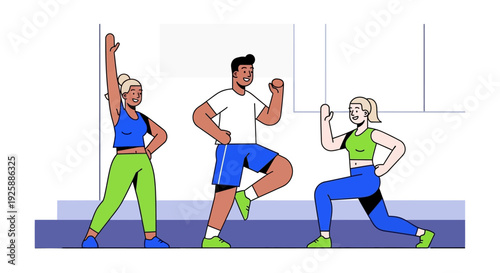 Three individuals stretching together in a studio, exercising and warming up for a workout or fitness class together