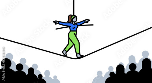 A person balancing on a tightrope in front of an audience with skill and focus