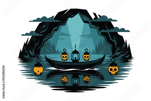 Spooky Boat with Skull Lanterns on Dark Water
