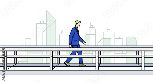 Man in blue suit walking on bridge over cityscape illustration