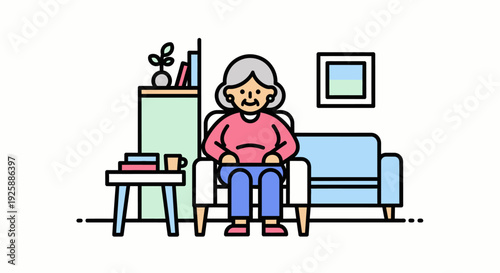 Woman sitting comfortably on a sofa in a cozy living room illustration
