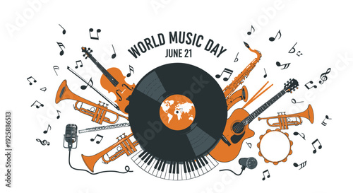 World Music Day icons, music symbols, June 21